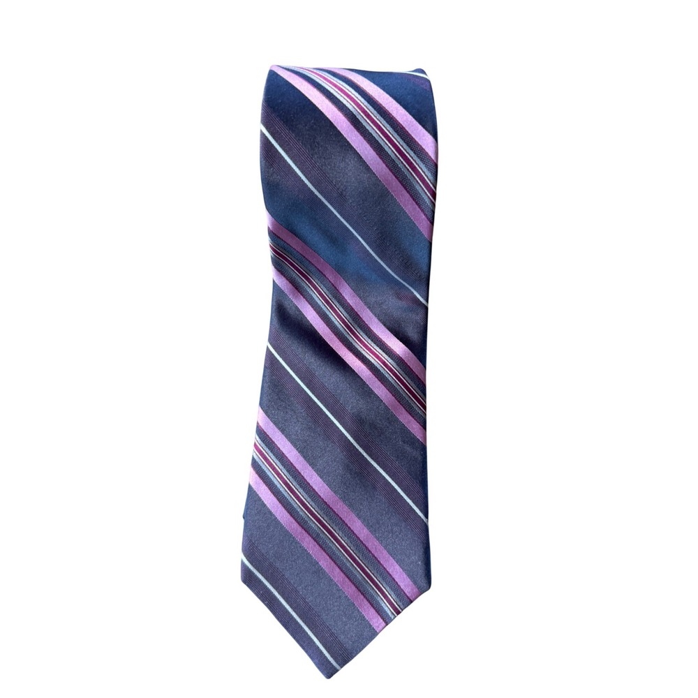 Mens Striped Silk Necktie Navy Blue Purple Lavender Made in USA Business Tie